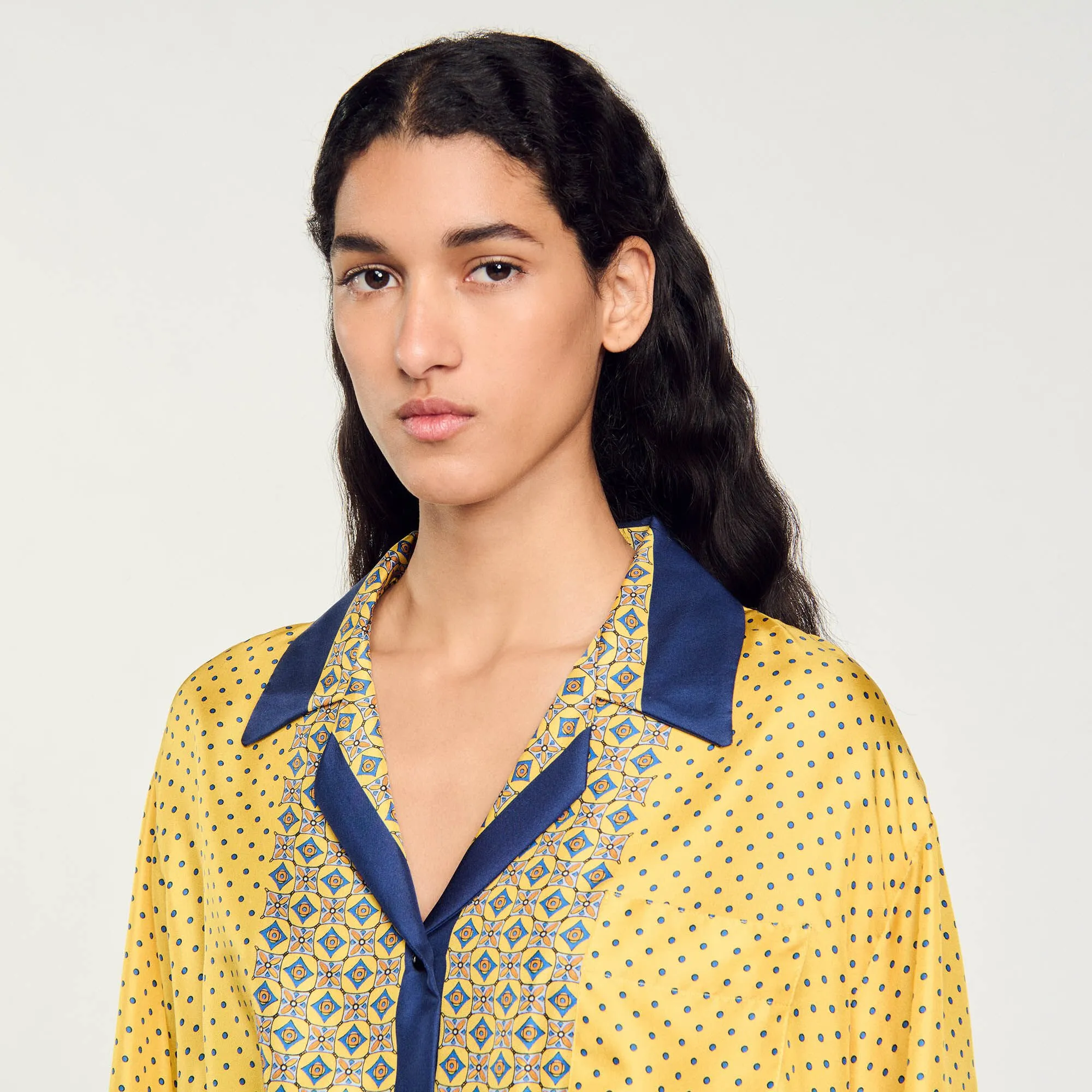 Short patterned flowing silk shirt