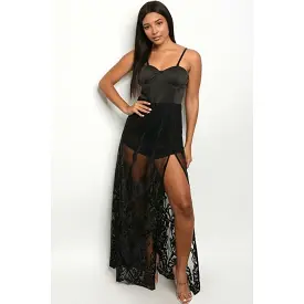 Sleeveless lace overlay romper maxi dress