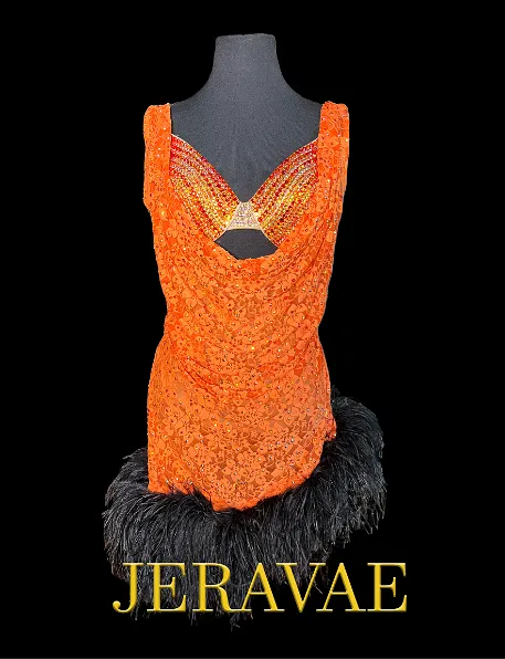 Sleeveless Orange Lace Latin Dress with Black Feather Hem, Deep Cowl Neckline, Stone Covered Bra, and Open Back Sz XS Lat182