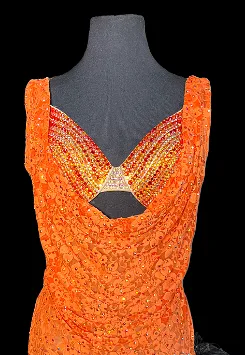 Sleeveless Orange Lace Latin Dress with Black Feather Hem, Deep Cowl Neckline, Stone Covered Bra, and Open Back Sz XS Lat182