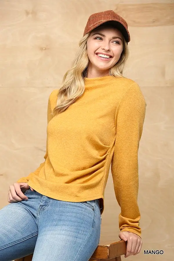 Solid And Cozy Soft Knit Mock Neck Top With Side Ruched Detail