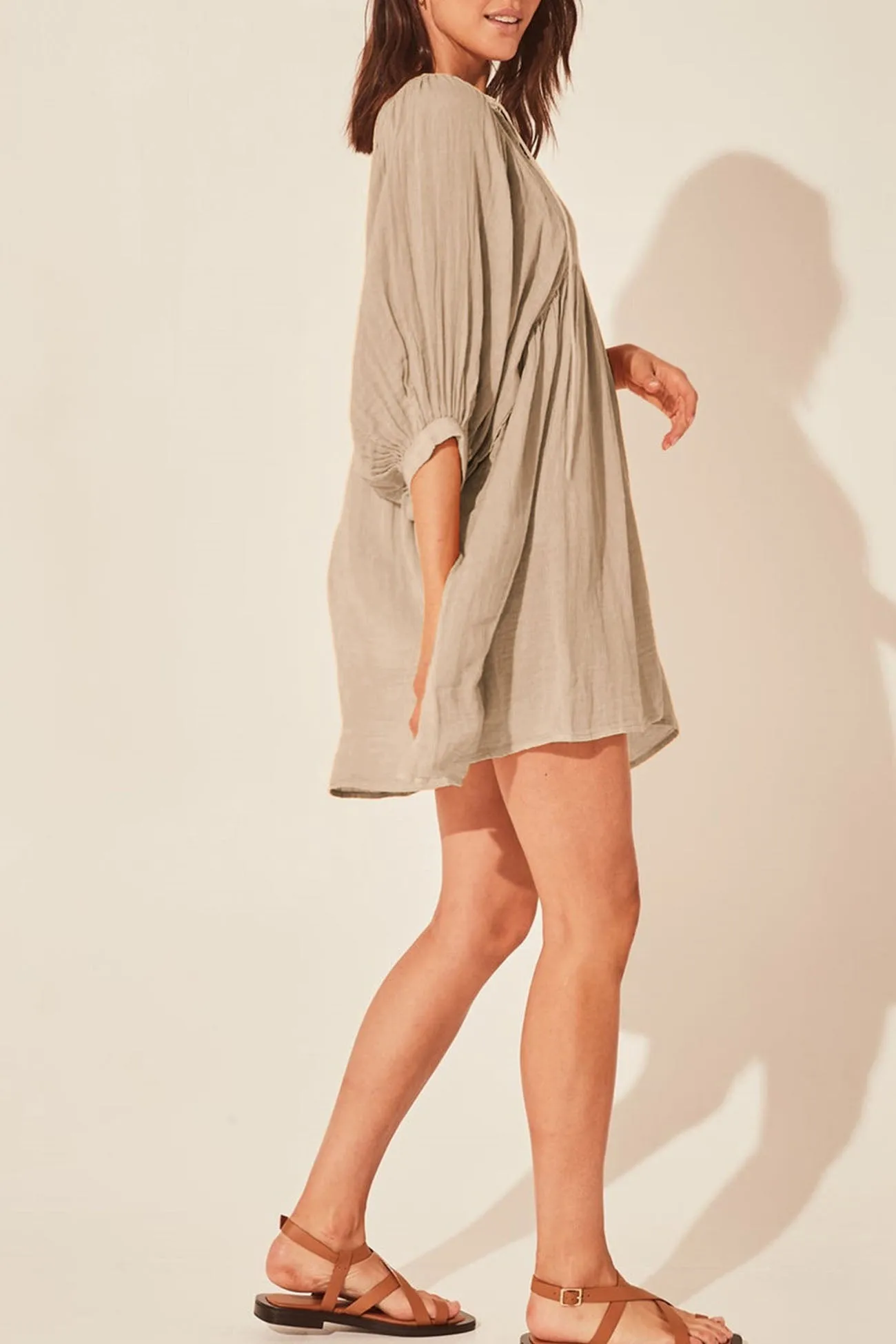 Solid Color Lantern Sleeve V Neck Mini Dress