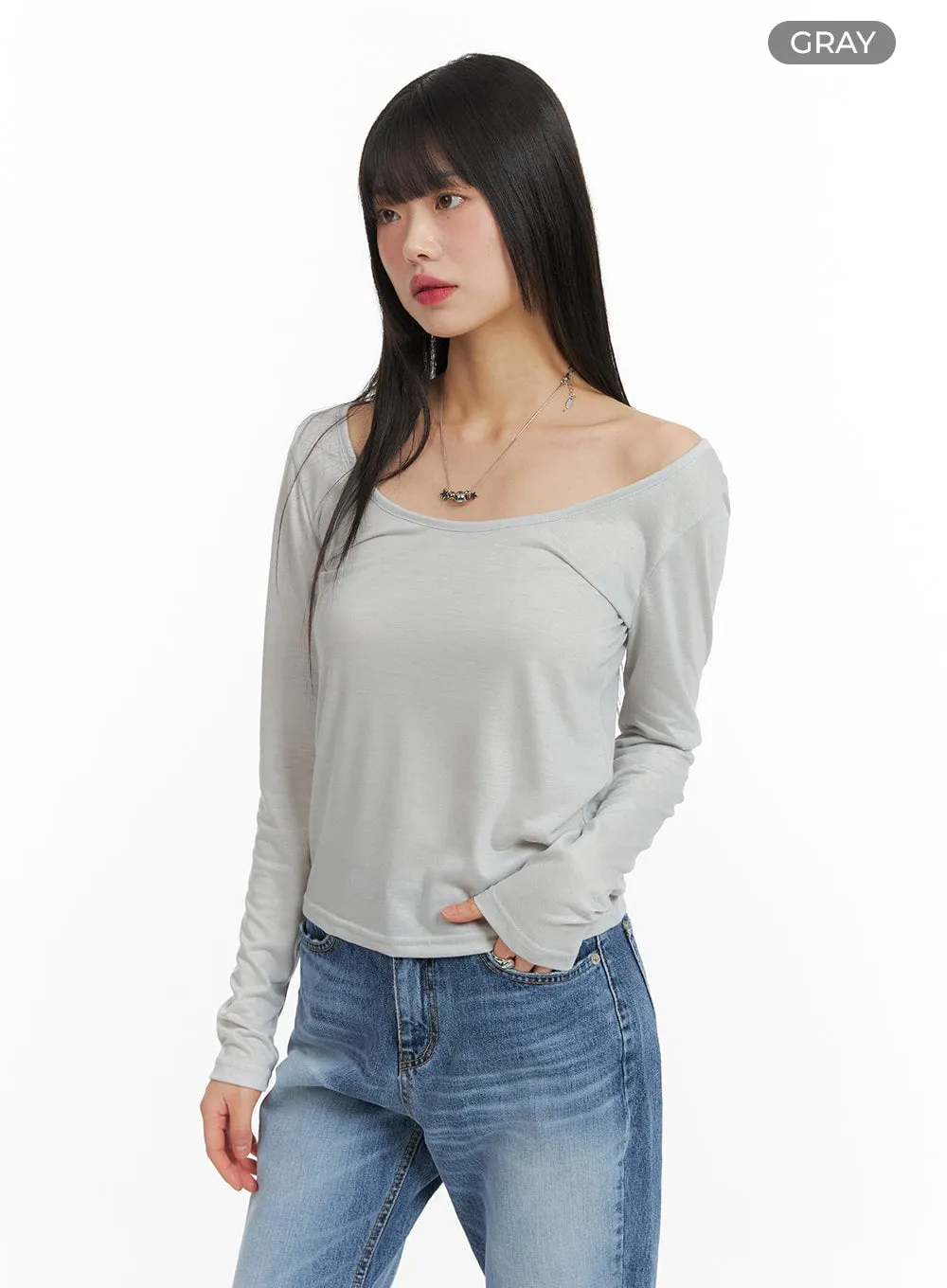 Solid U-Neck Long Sleeve Top CF422