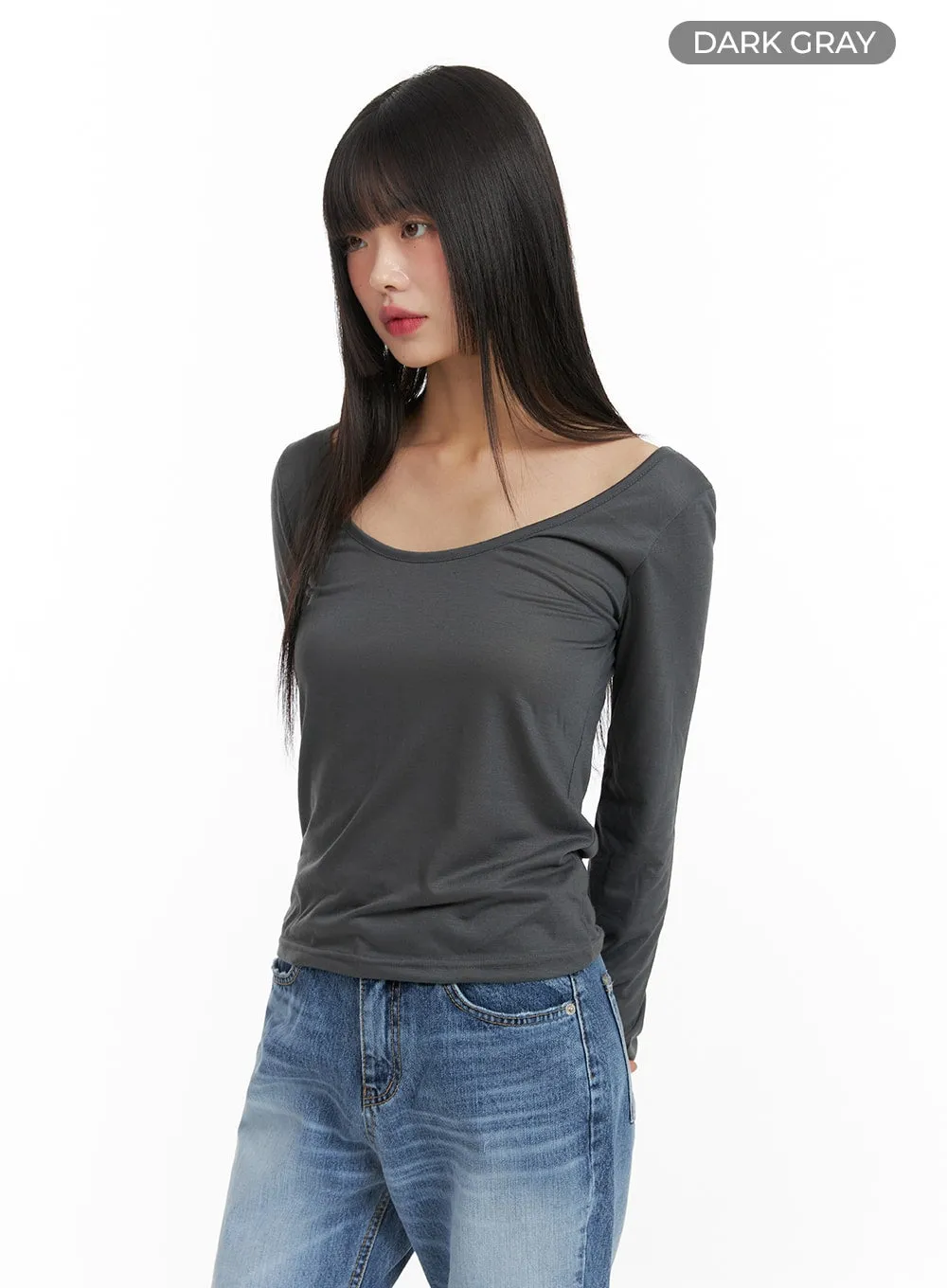 Solid U-Neck Long Sleeve Top CF422