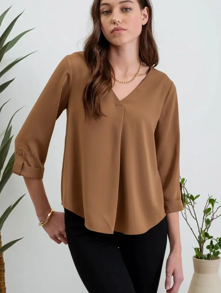 Solid V Neck 3/4 Tab Sleeve Blouse