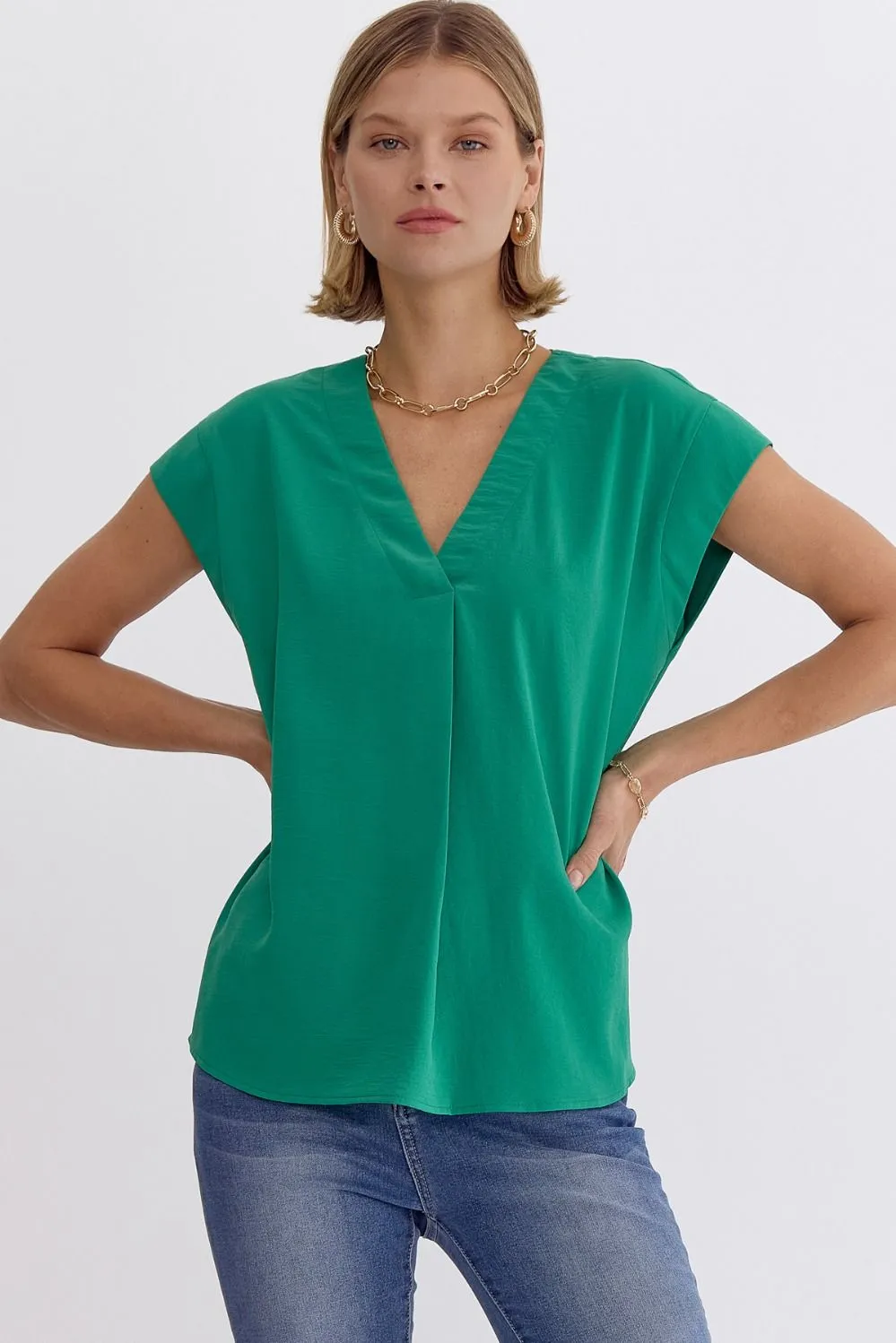 Solid V-neck Short Sleeve Placket Detail Top