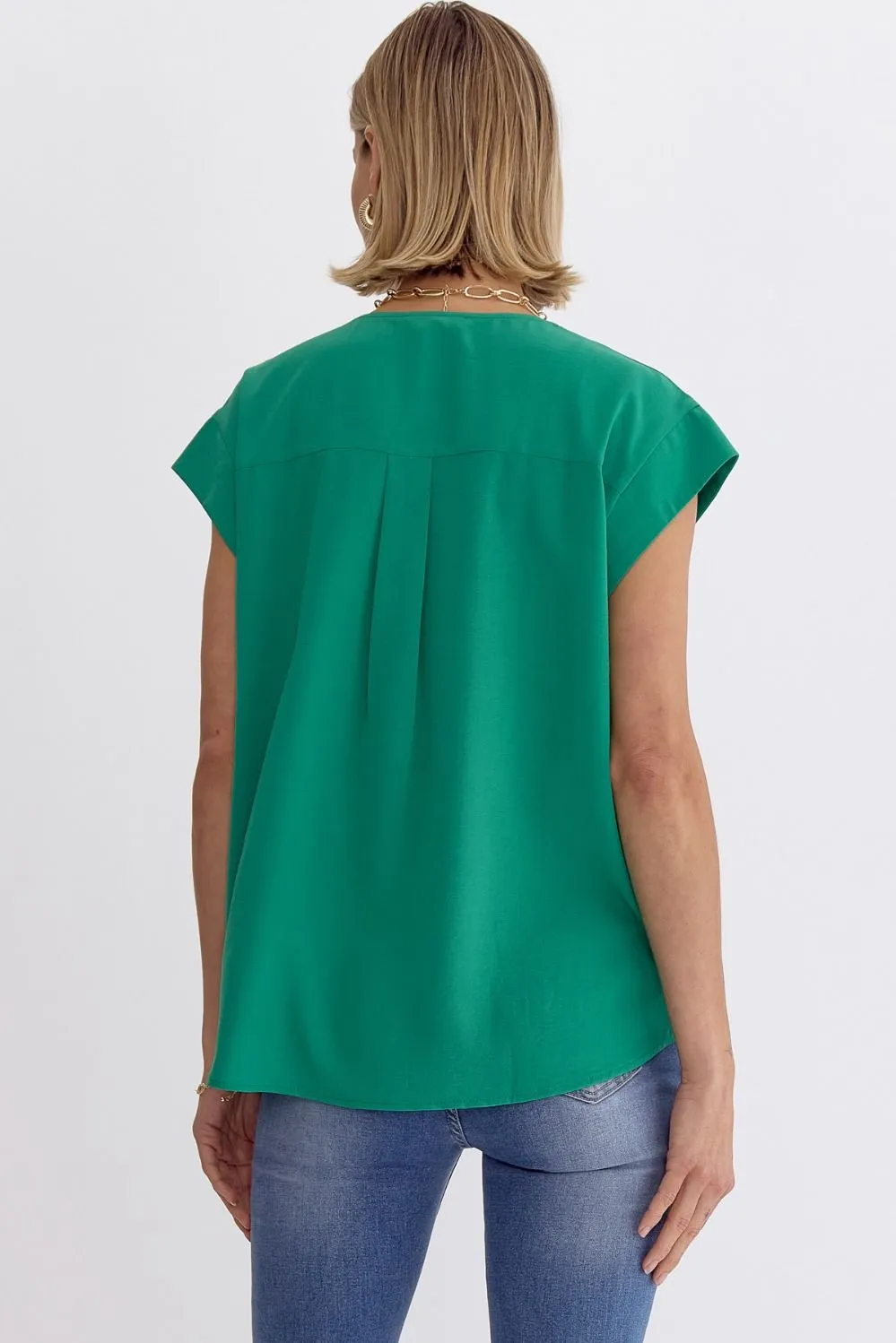 Solid V-neck Short Sleeve Placket Detail Top