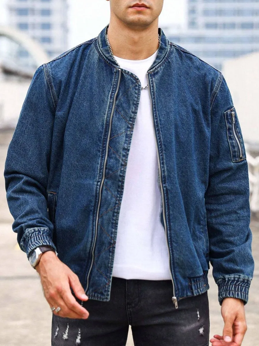 Stand Collar Zipper Pocket Casual Denim Jacket