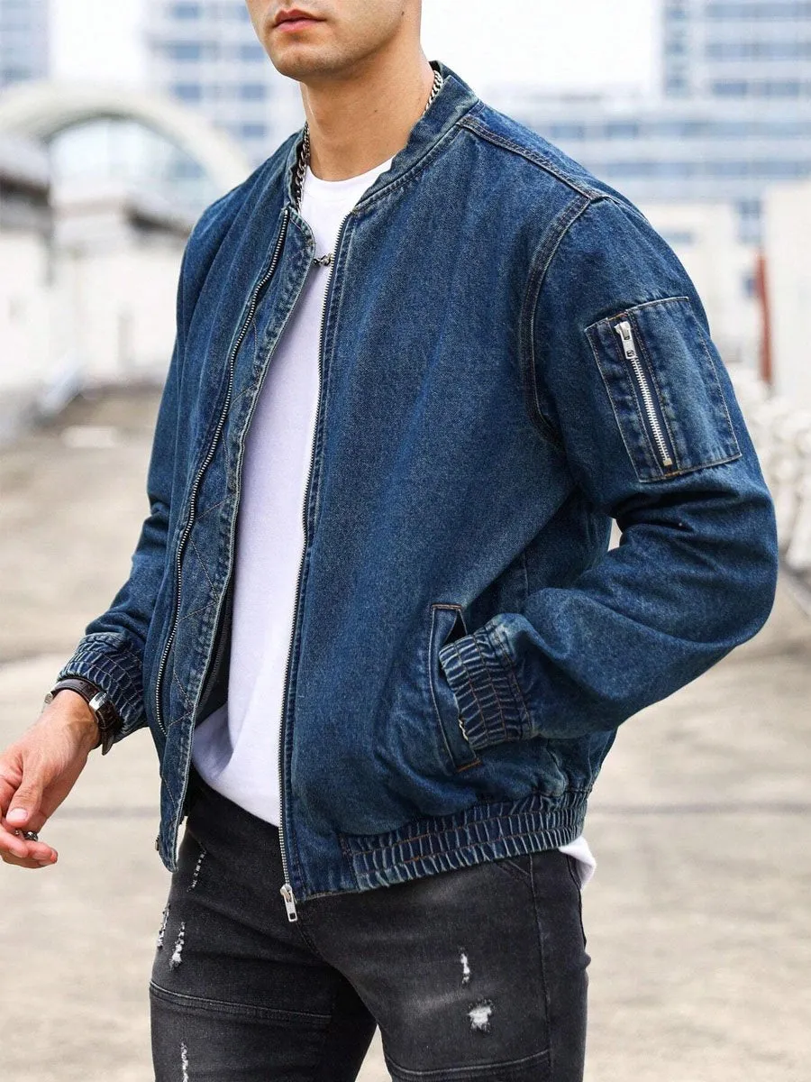 Stand Collar Zipper Pocket Casual Denim Jacket