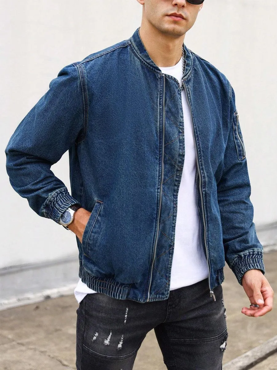 Stand Collar Zipper Pocket Casual Denim Jacket