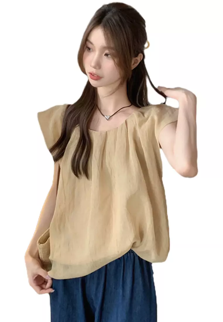 Sunnydaysweety 2024 minimalist loose solid color shirt cotton linen round neck top CA24061812YE