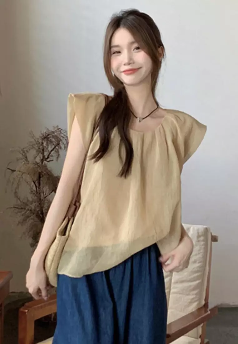 Sunnydaysweety 2024 minimalist loose solid color shirt cotton linen round neck top CA24061812YE