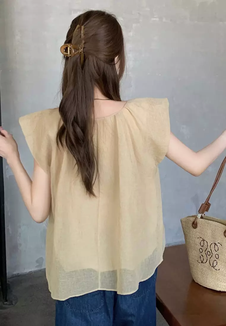 Sunnydaysweety 2024 minimalist loose solid color shirt cotton linen round neck top CA24061812YE