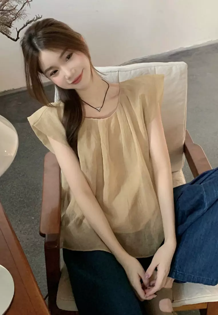 Sunnydaysweety 2024 minimalist loose solid color shirt cotton linen round neck top CA24061812YE