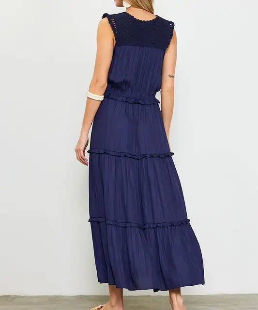 Tiered Maxi Dress with Lace Detailing -  Navy