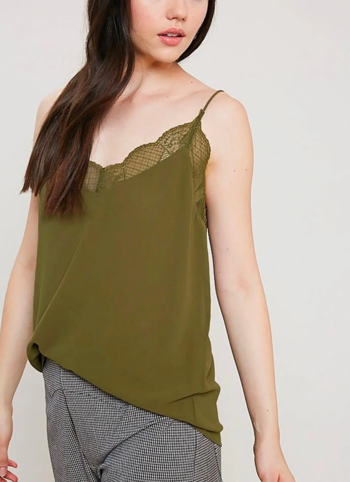 V-Neck Sleeveless Lace Trimmed Camisole Top in Olive