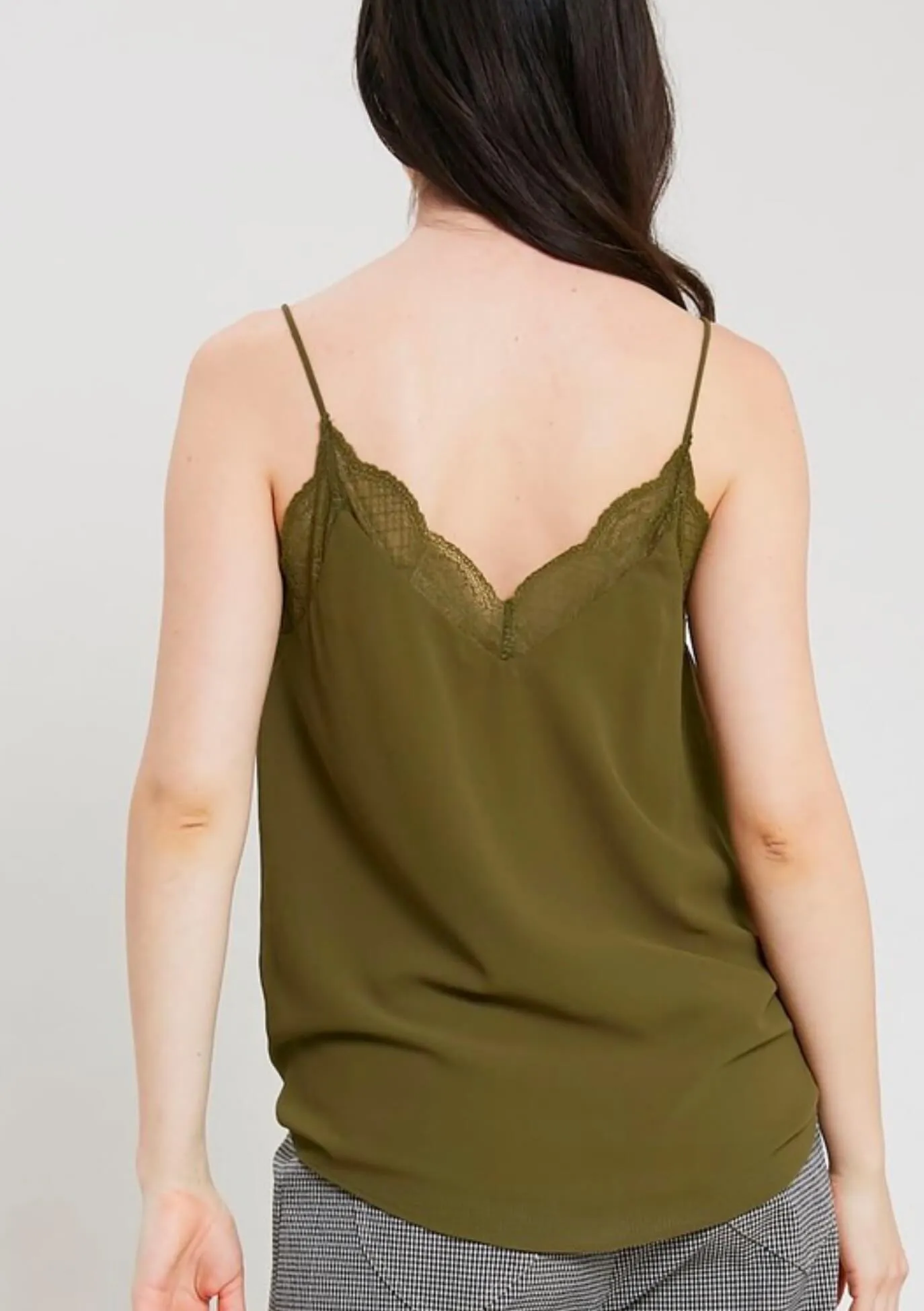 V-Neck Sleeveless Lace Trimmed Camisole Top in Olive