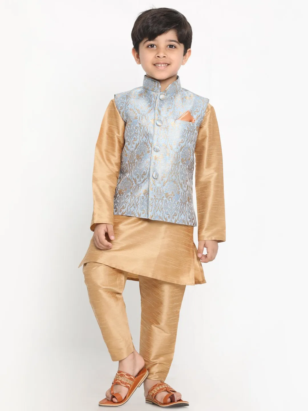 VASTRAMAY Boys Grey Silk Blend Kurta, Ethnic Jacket and Pyjama Set