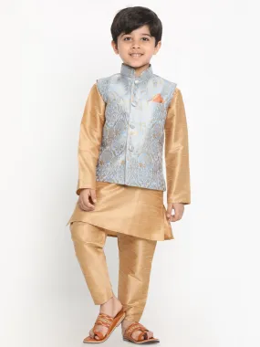 VASTRAMAY Boys Grey Silk Blend Kurta, Ethnic Jacket and Pyjama Set