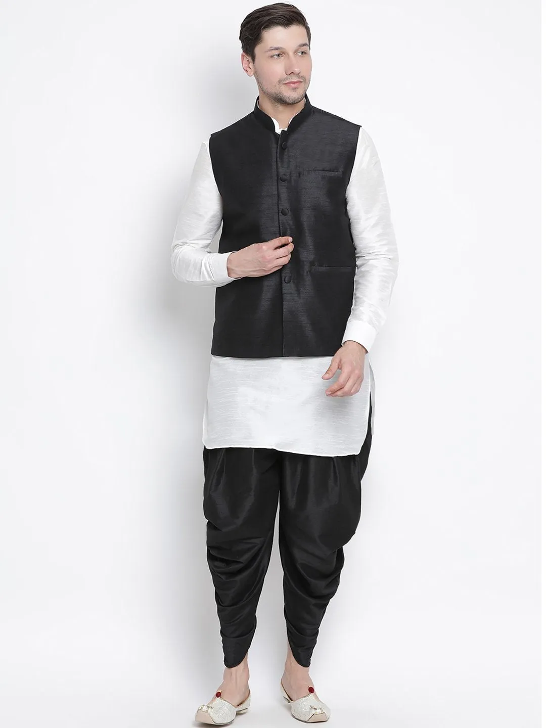 VASTRAMAY Men's White Cotton Silk Blend Ethnic Jacket, Kurta and Dhoti Pant Set