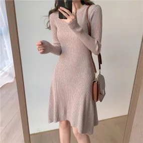 Winter Elegant Casual Ribbed Knitted Dress Crew Neck Long Sleeve Solid A Line Mini Dress