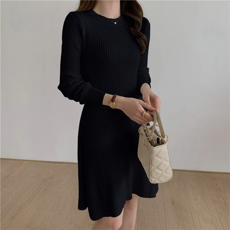 Winter Elegant Casual Ribbed Knitted Dress Crew Neck Long Sleeve Solid A Line Mini Dress