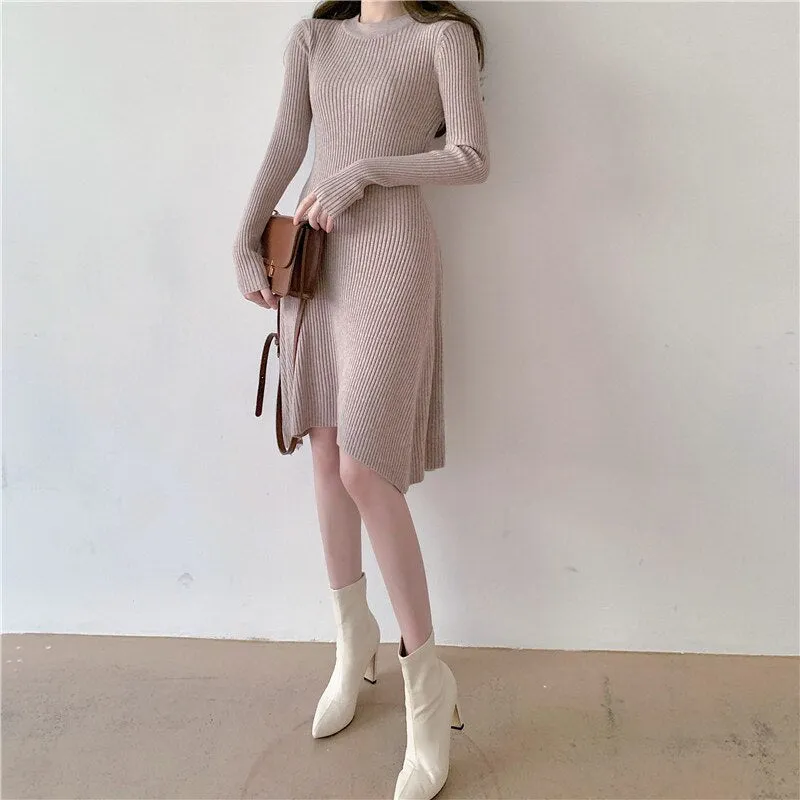 Winter Elegant Casual Ribbed Knitted Dress Crew Neck Long Sleeve Solid A Line Mini Dress