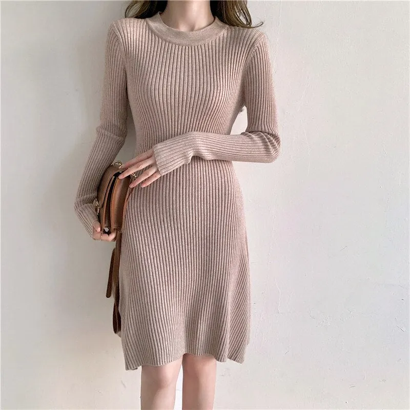 Winter Elegant Casual Ribbed Knitted Dress Crew Neck Long Sleeve Solid A Line Mini Dress