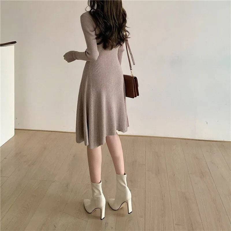 Winter Elegant Casual Ribbed Knitted Dress Crew Neck Long Sleeve Solid A Line Mini Dress