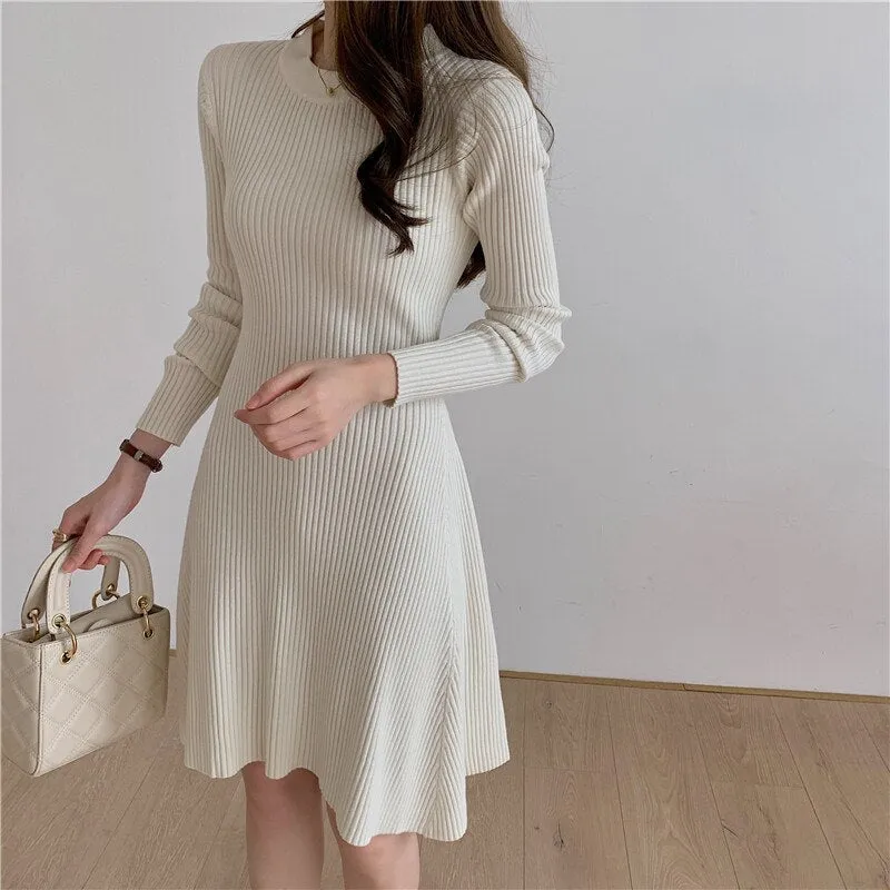 Winter Elegant Casual Ribbed Knitted Dress Crew Neck Long Sleeve Solid A Line Mini Dress