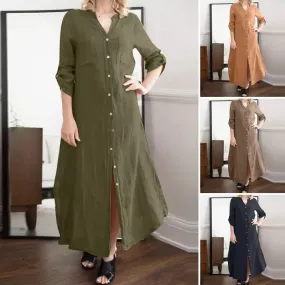 Woman Dress Solid Long Sleeve V-Neck Shirtdress