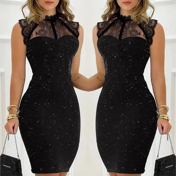 Women's Fashion Black Paillette Sleeveless Lace Short Tight Dress