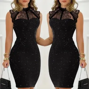 Women's Fashion Black Paillette Sleeveless Lace Short Tight Dress