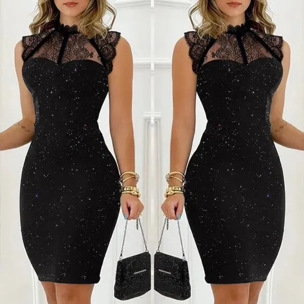 Women's Fashion Black Paillette Sleeveless Lace Short Tight Dress