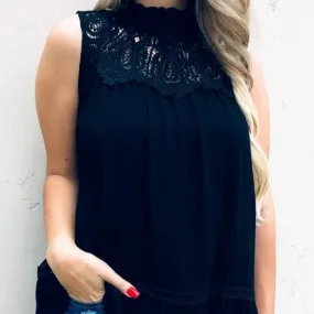 Women's Lace Trimmed Sleeveless Tunic Top in Black