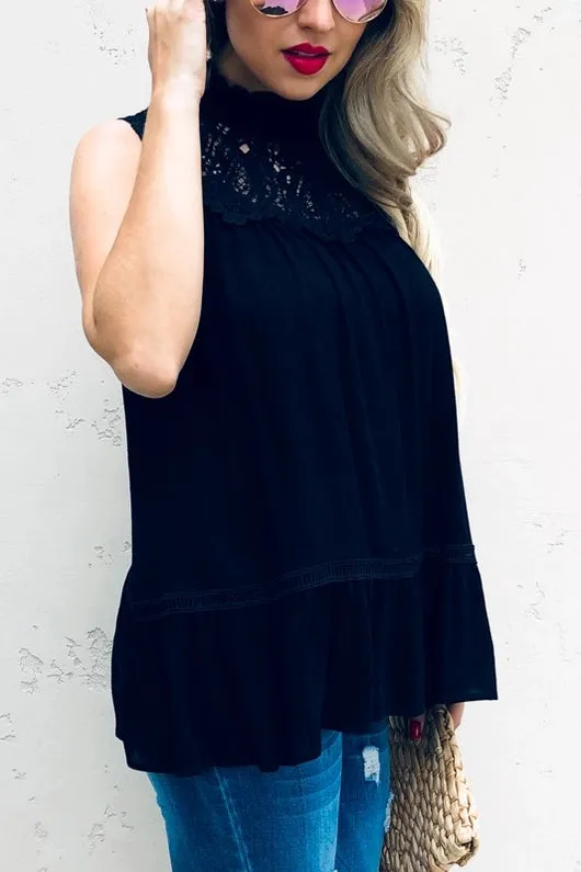 Women's Lace Trimmed Sleeveless Tunic Top in Black