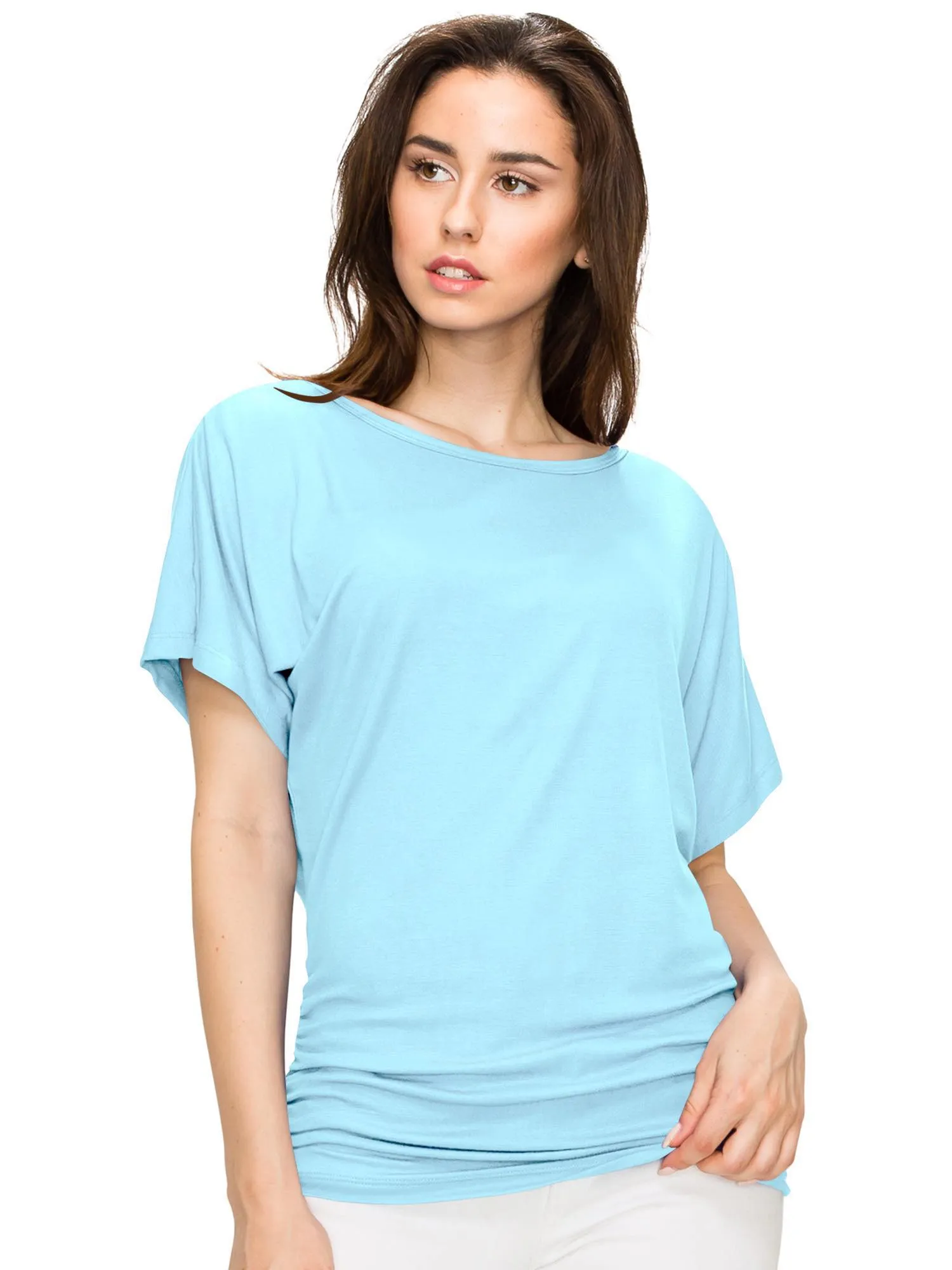 Women's Solid Short Sleeve Boat Neck V-Neck Dolman Top