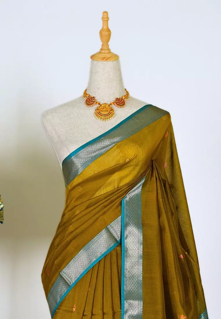 Yeshan Sarees Olive-Green Blue Handwoven Pure Silk Cotton Butta Pallu Maheswari Saree